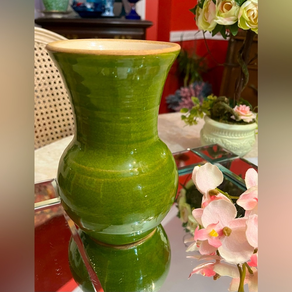 Rowe Pottery Works Vase 6.5” Green Stamped Pottery, w Cross & Cambridge WI